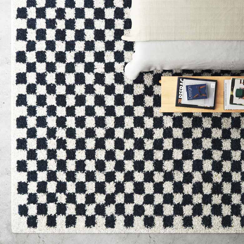 Checkered Navy Blue/White Shag Area Rug