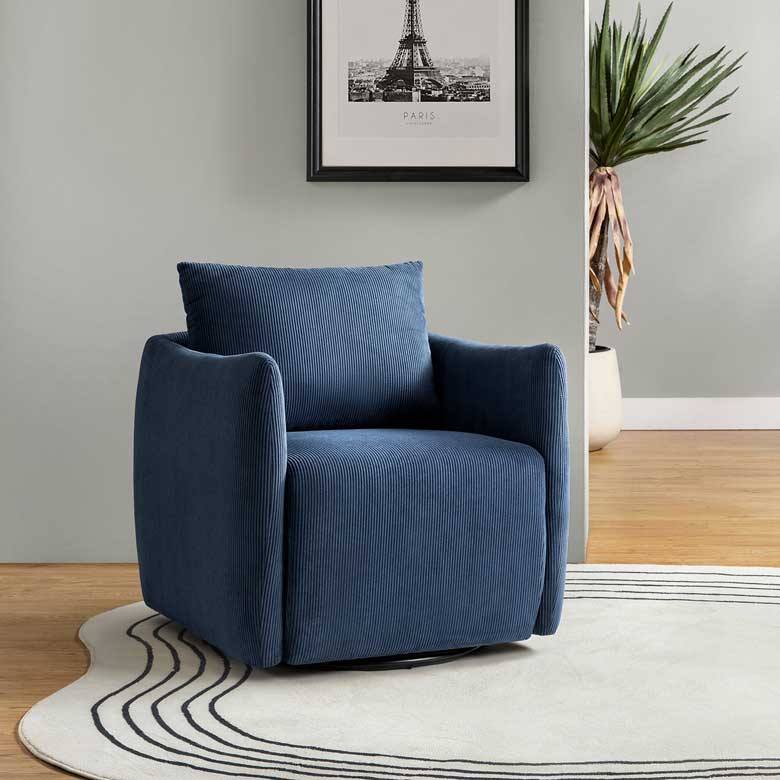 Navy corduroy swivel barrel chair for sale