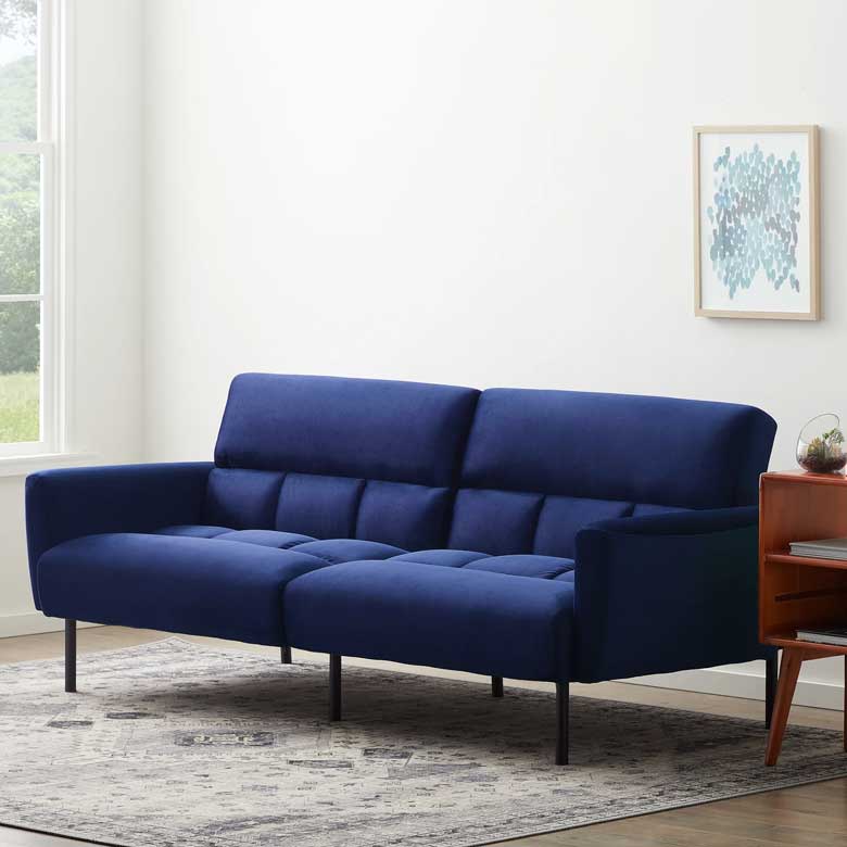 Navy Velvet Futon Sofa Bed with Box Tufting