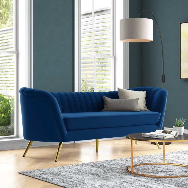 Modern navy velvet sofa with stainless steel legs 