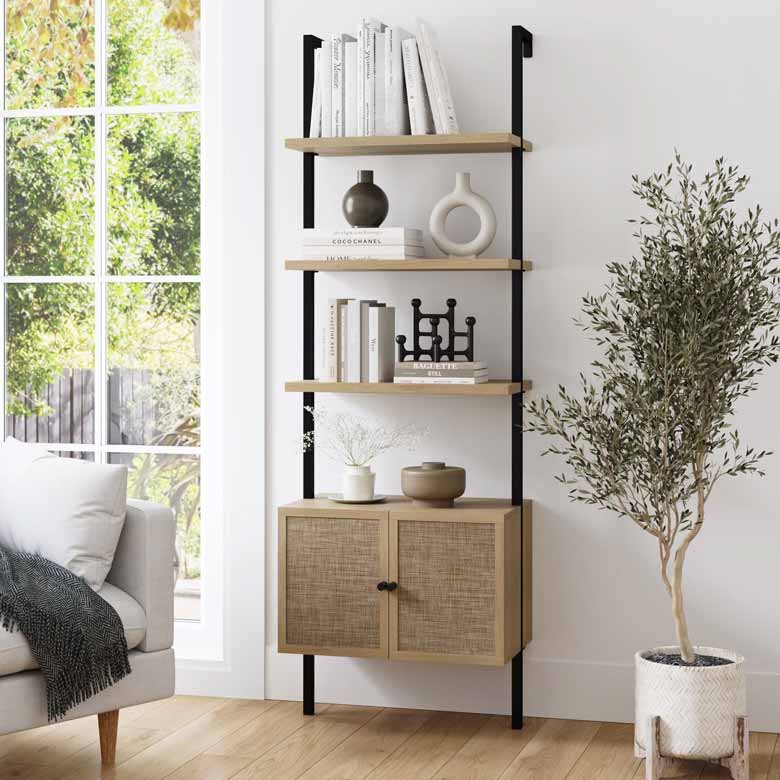 Open Shelf Bookcase with Rattan Doors in Light Oak Wood and Matte Black Frame