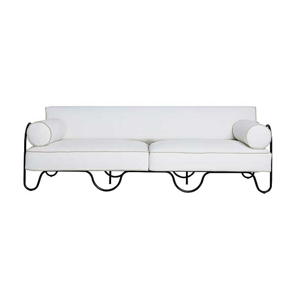 Peggy Outdoor Sofa by Sarah Sherman Samuel - outdoor couch with bespoke cushions and cylindrical arms on a shaped iron base
