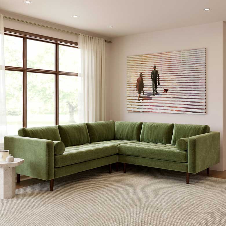 Modern green pet-friendly L-shaped couch for sale