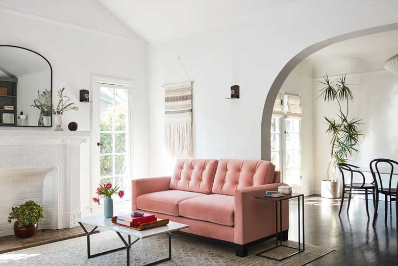 Small pink velvet sofa, perfect for apartments and small homes