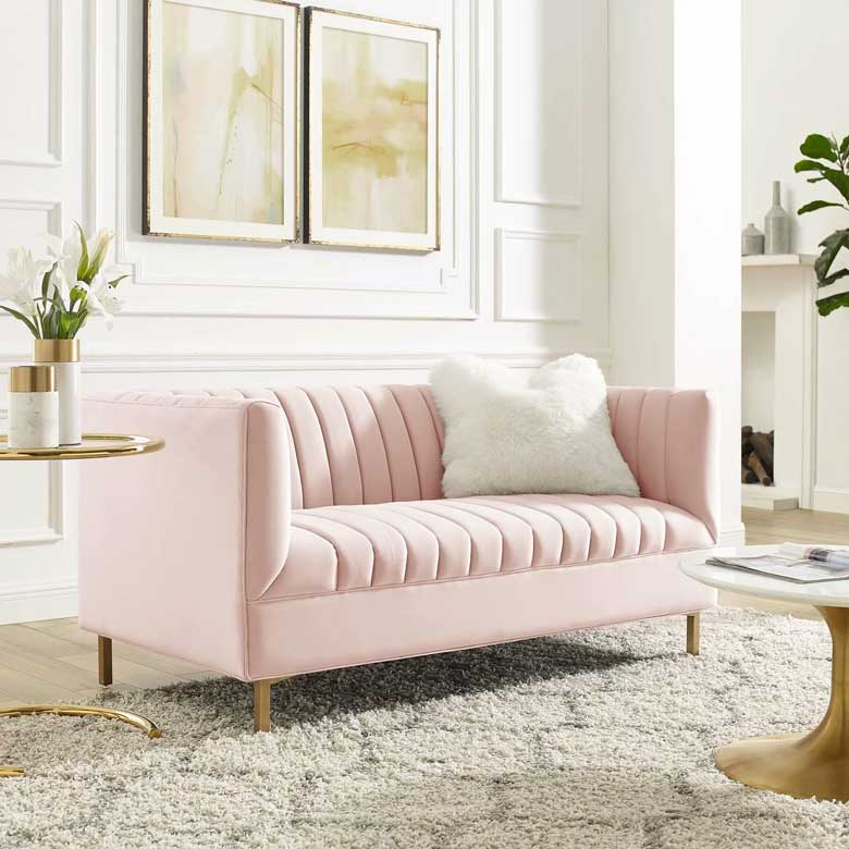 Beautiful light pink velvet sofa with gold stainless steel legs