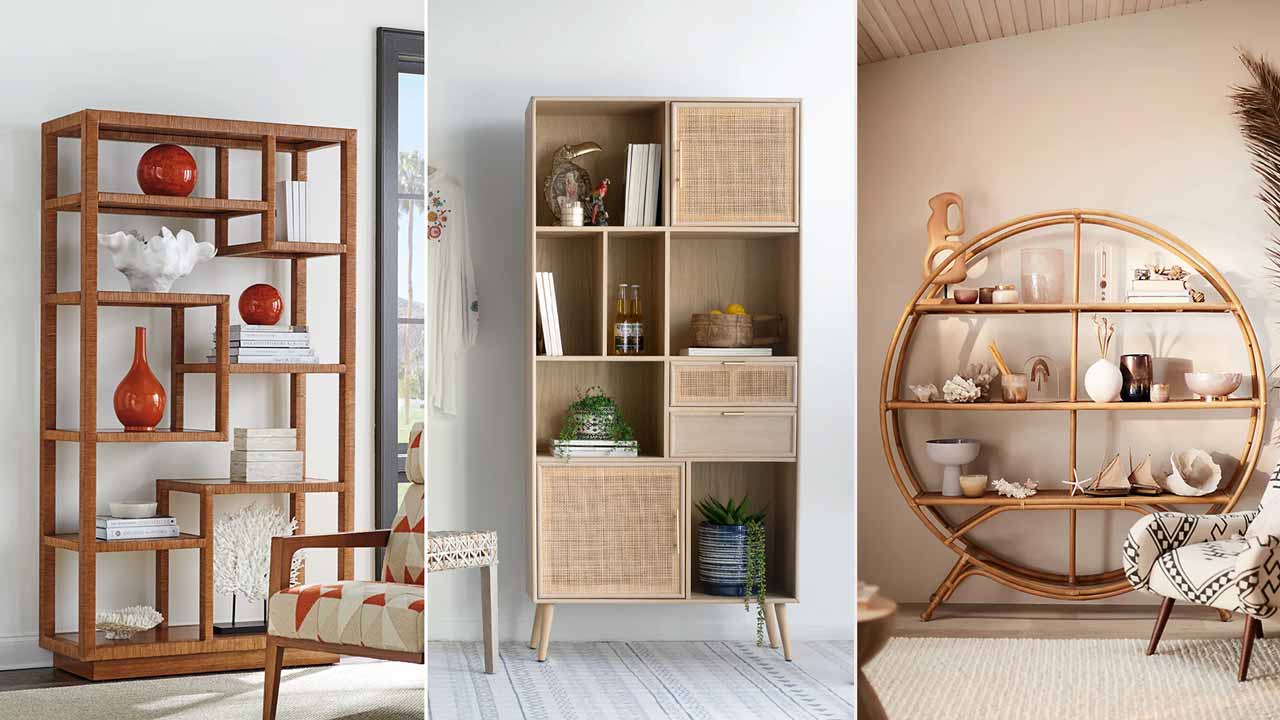 Theo Rattan Wood Bookshelf with Cabinet Storage