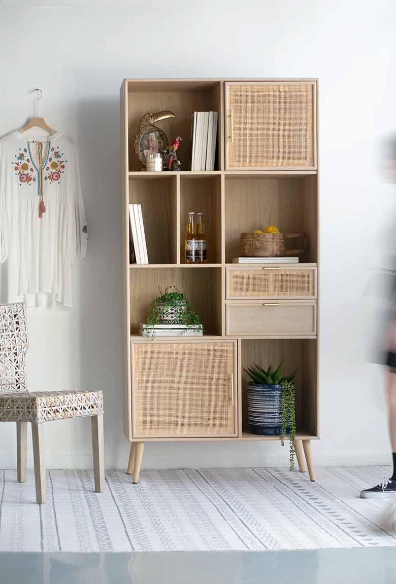 Rattan storage bookcase with doors and drawers