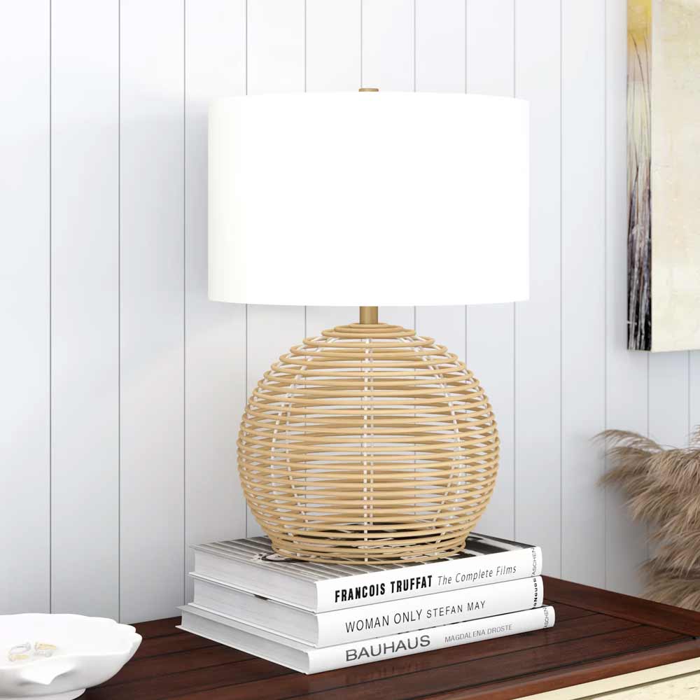 Rattan table lamp with white drum shade for a costal or boho living room or bedroom decor