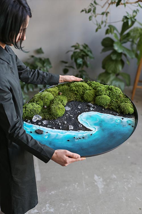 Unique framed moss and ocean resin art