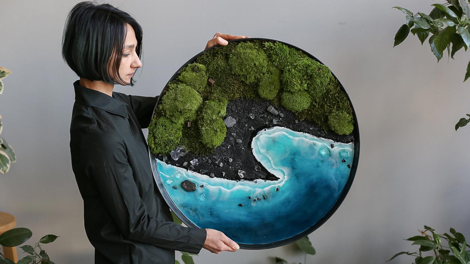 Unique framed moss and ocean resin wall art by Anna Paschenko