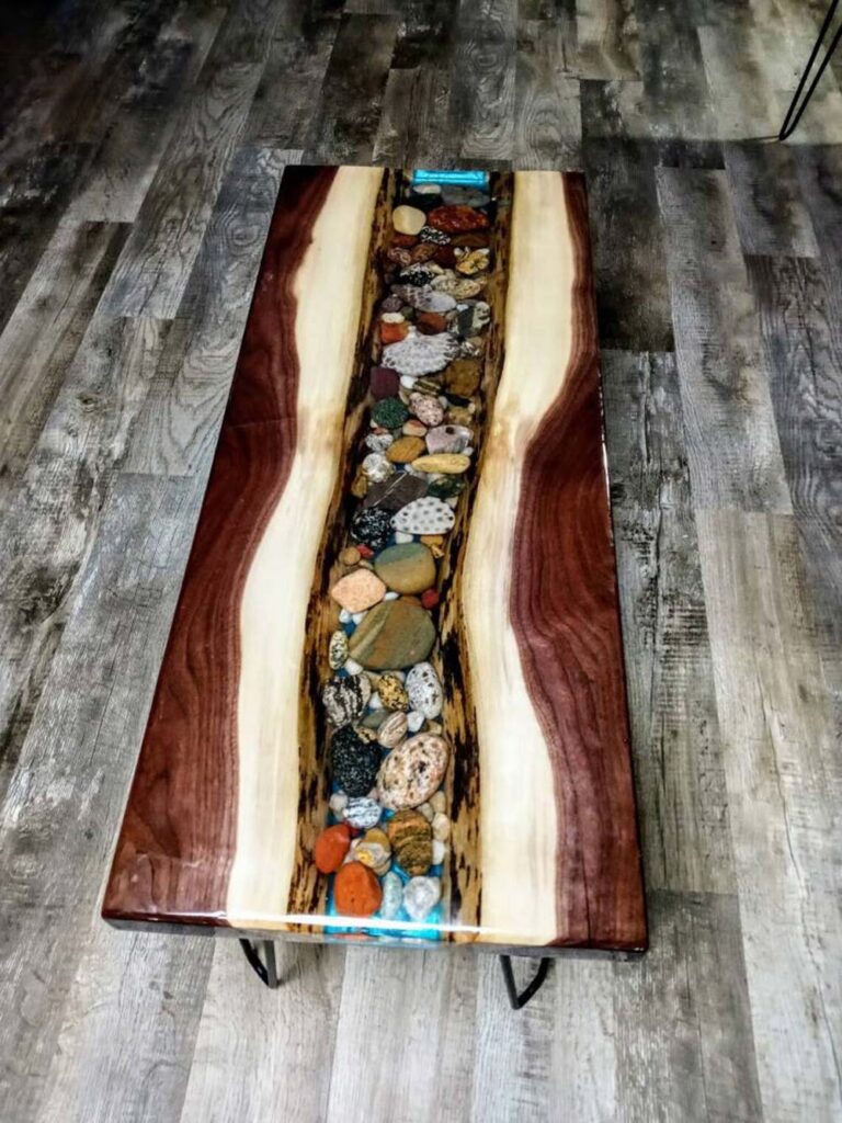 Unique river rock epoxy table - the river table can be customized to your needs
