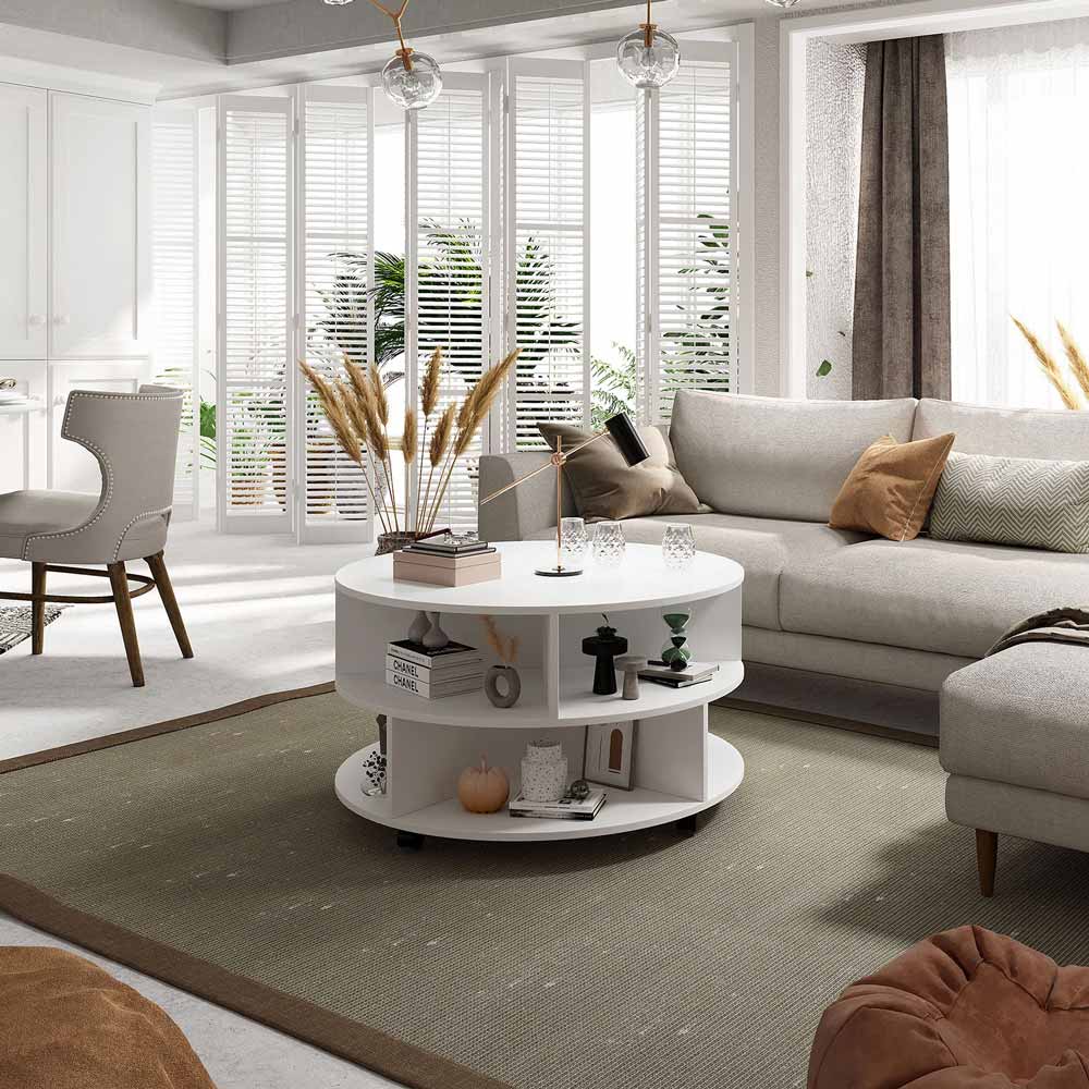 White round coffee table with shelves, perfect for small or large living rooms