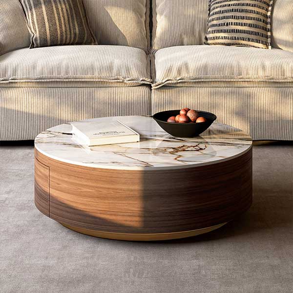 35" Round Drum Sintered Stone Coffee Table with Storage