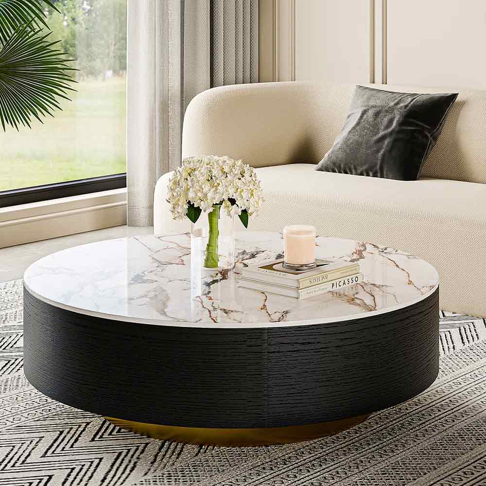Round Modern Drum Coffee Table with Oak Veneer, Sintered Stone Top and 2 Solid Wood Drawers