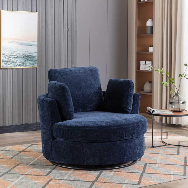 Round oversized swivel chair - this comfortable navy swivel barrel chair is perfect for any living room, bedroom, or home office