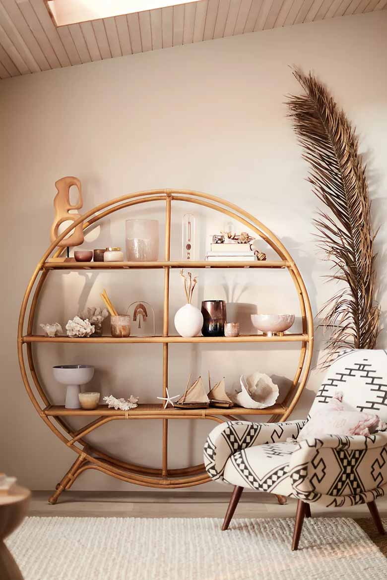 Round Rattan Bookshelf - this circular bookcase is perfect for modern living rooms