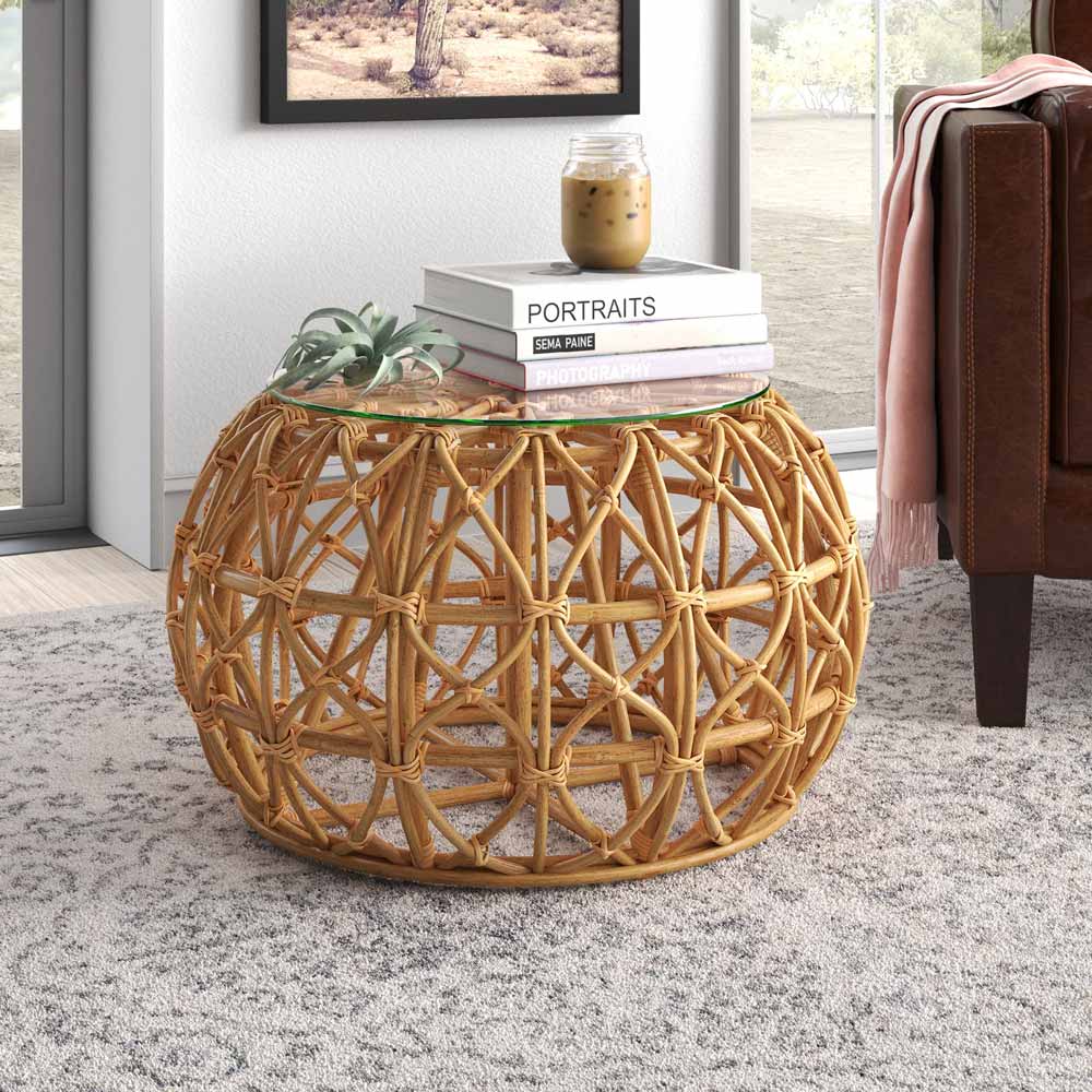 Round rattan coffee table with glass top - great for modern or boho decor