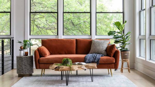 Rust velvet sofas for a cozy and stylish living room