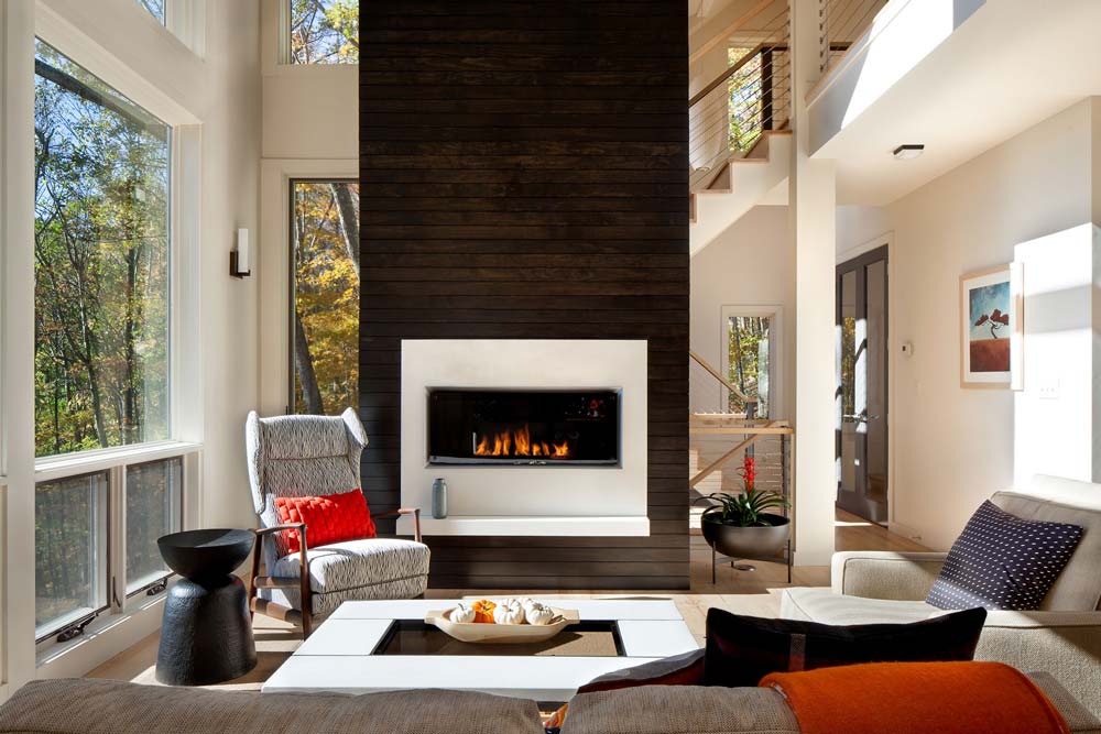 Scandinavian Living Room With Dark Shiplap Fireplace
