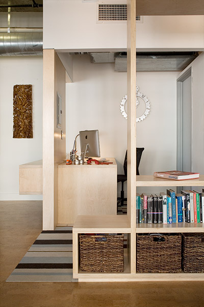 South Park loft shelving system - Unit was remodeled on a limited budget by CHA:COL