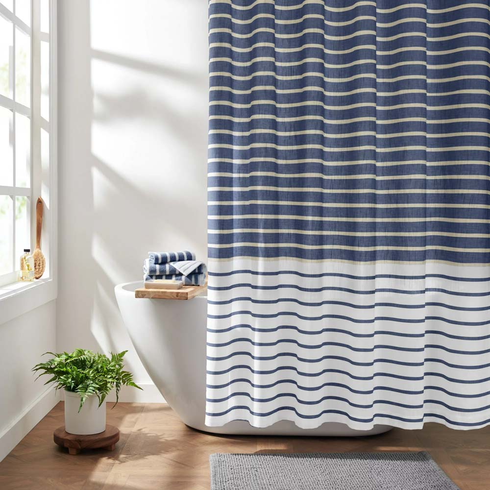 Stripe Organic Cotton Shower Curtain | Modern Shower Curtain You Can Buy - Navy Color