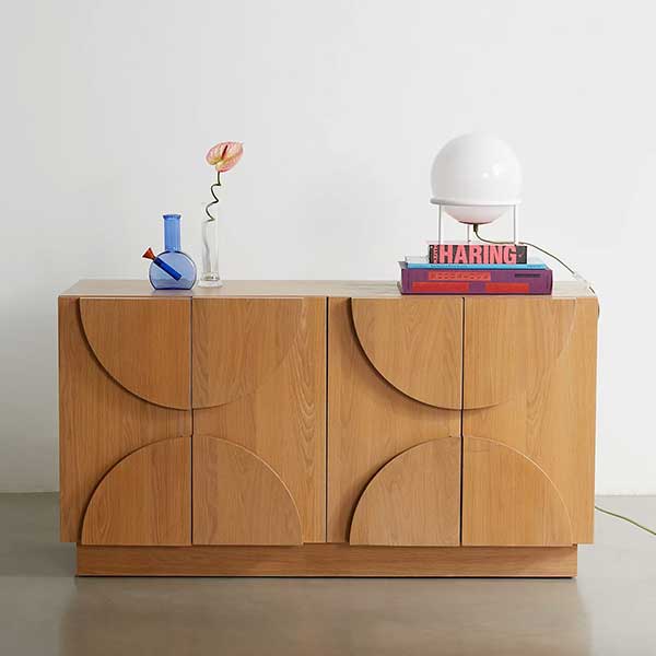 Tabitha Credenza with rounded corners and chunky circle knobs