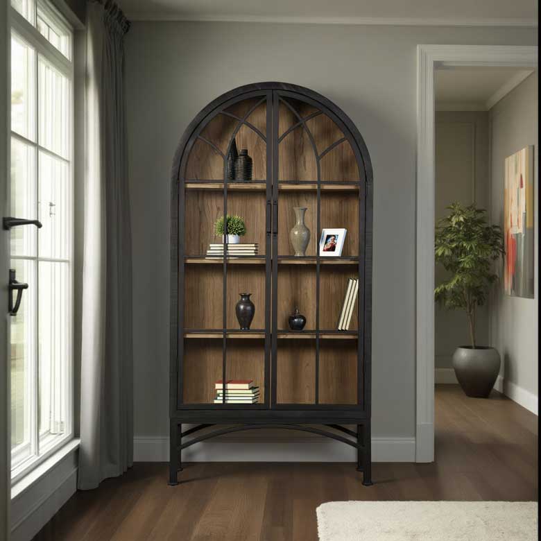 Tall black arched cabinet with metal-framed doors with tempered glass - available to buy  in three colors: Antique Natural, Black and White Wash