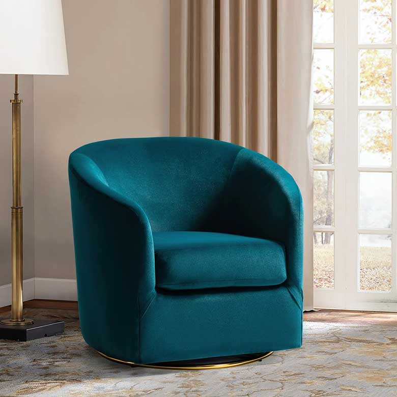 Teal velvet swivel barrel chair with gold-finished iron base