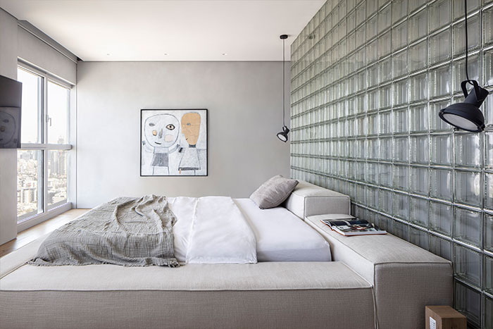 Modern bedroom in a bright duplex apartment in Tel Aviv, Israel