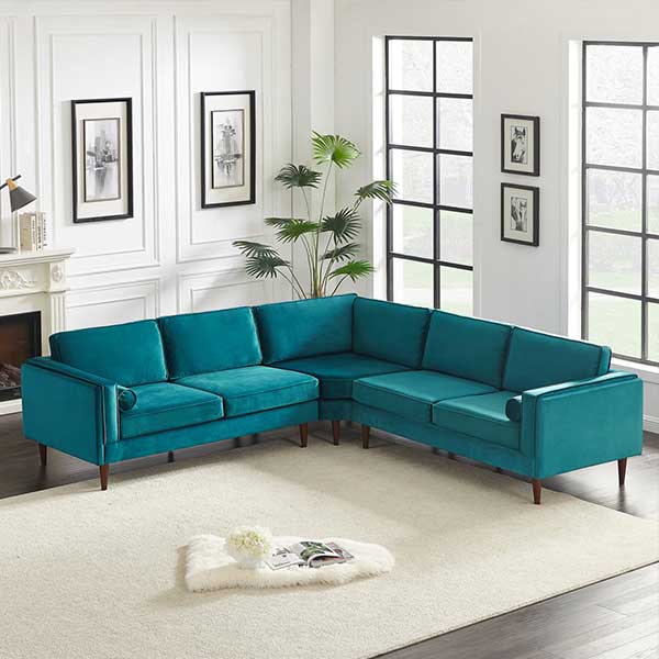 Three Piece Upholstered Sectional L-Shaped Teal Sofa