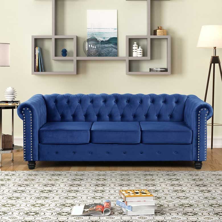Blue Velvet Upholstered Chesterfield Sofa with Nailhead and Solid Legs for Living Room