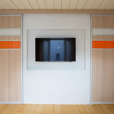 TV Room in Silicon Valley California house that gets remodeling for busy family