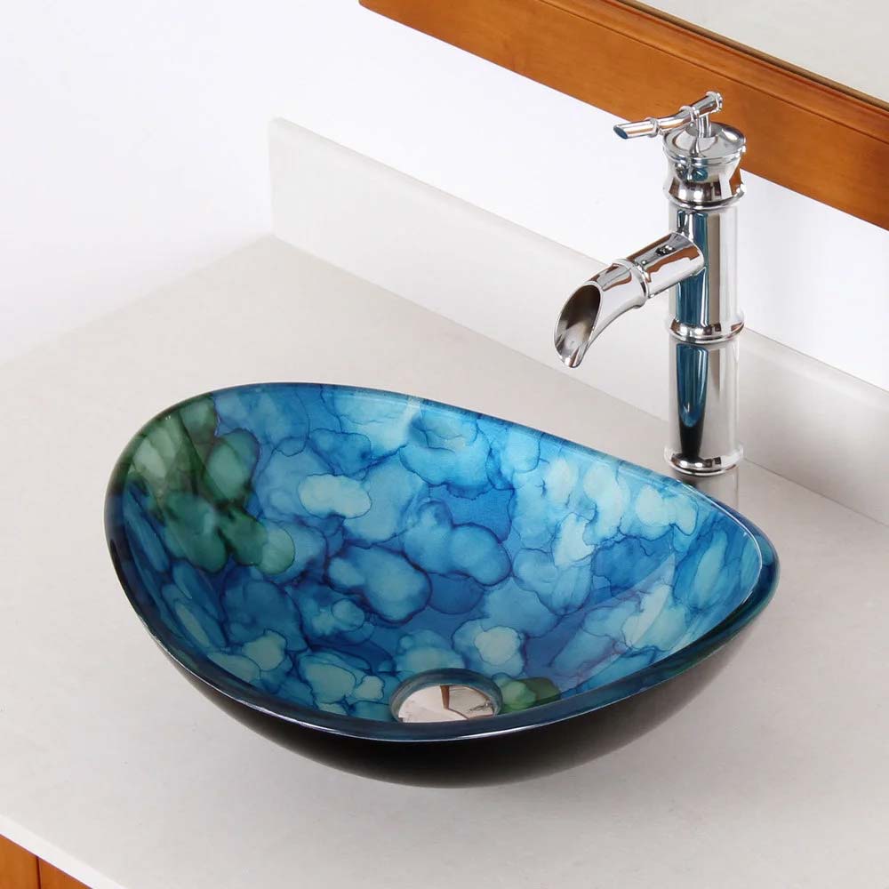 Elite Unique Oval Tempered Glass Bathroom Vessel Sink | Blue Green Vessel Sink