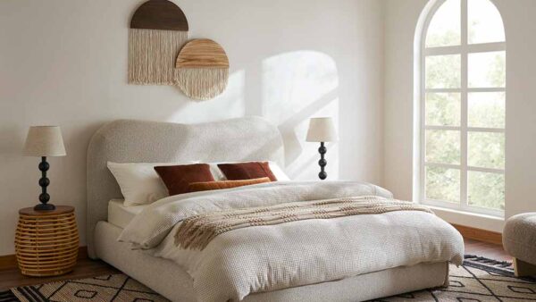 Upholstered boucle bed - modern boucle bed with curved headboard