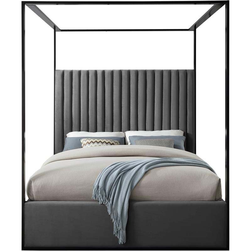 Upholstered canopy bed | Gray Velvet Upholstered canopy bed with black steel frame 