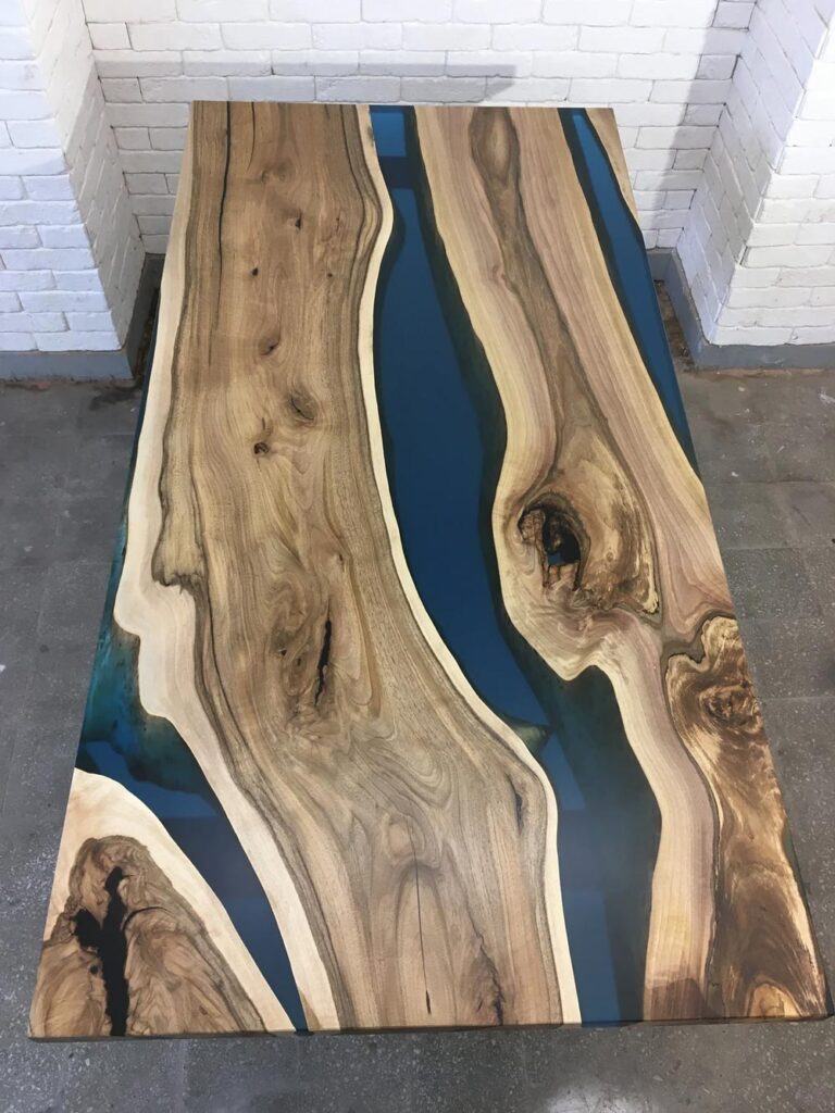 Walnut wood and blue epoxy river dining table