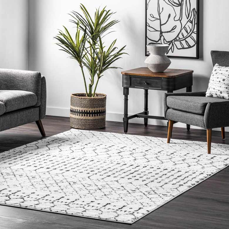 Black and white Moroccan trellis area rug for sale