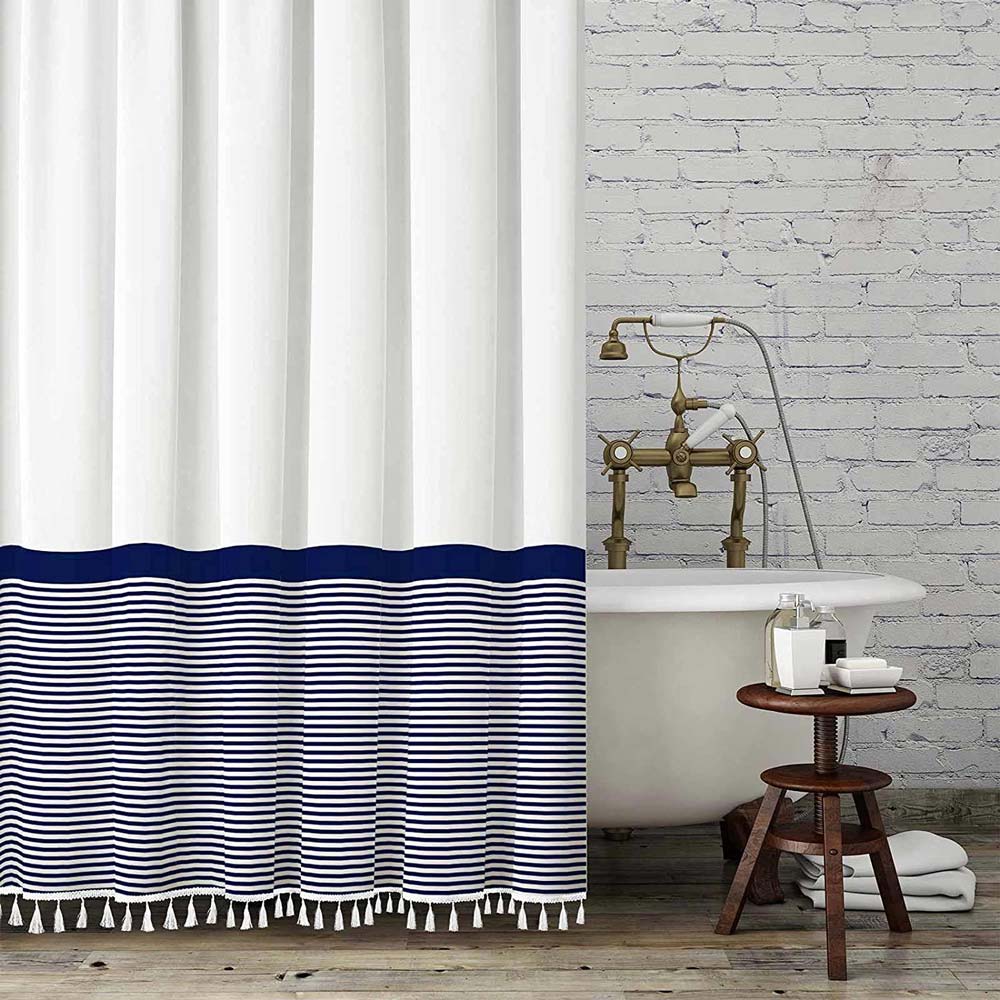 100% Cotton white and blue shower curtain with Tassels for Bathroom Decor | Modern shower curtain - navy color with stripe design