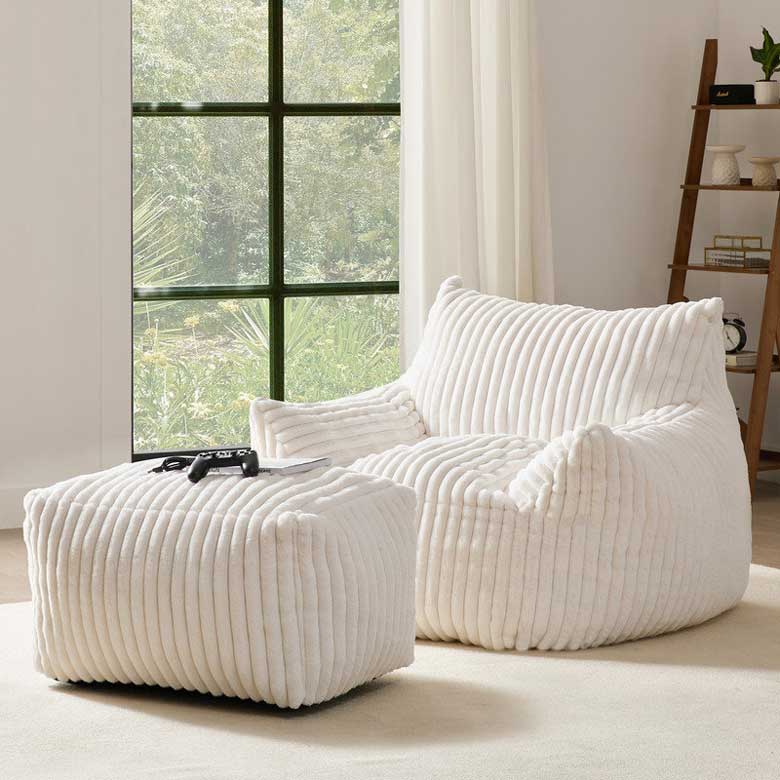 White Corduroy Bean Bag Chair with Ottoman