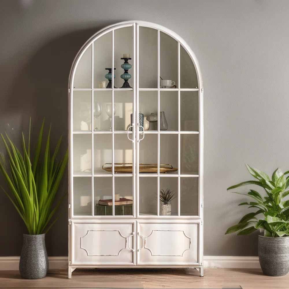 White iron dining cabinet with shelves and two bottom compartments for storage
