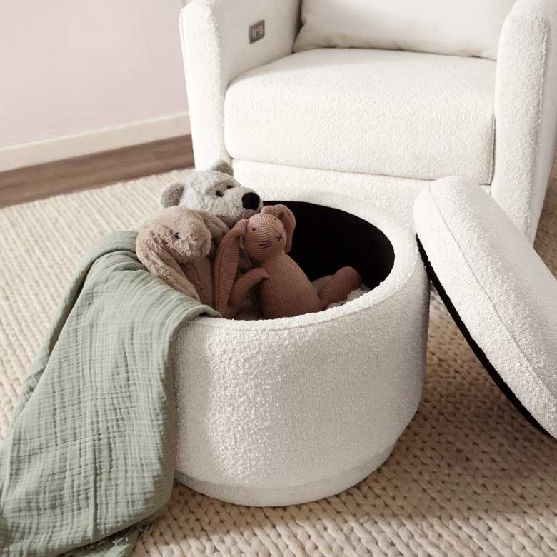 White round boucle ottoman with storage