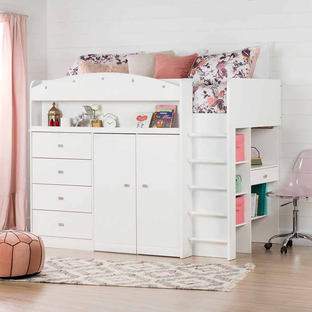 White Twin Loft Bed with Desk and Drawers for Small Kids' Room