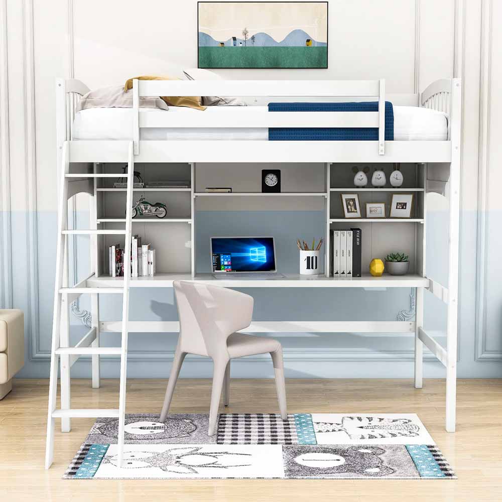 White twin loft bed with desk and shelves