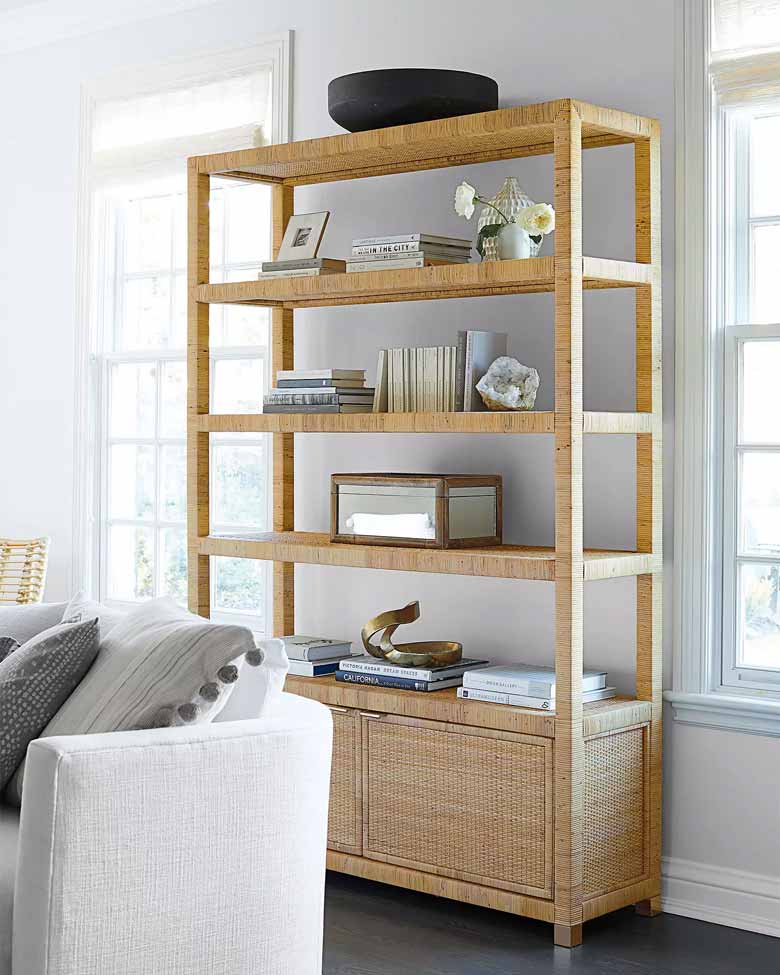 Boho wide rattan bookshelf for sale