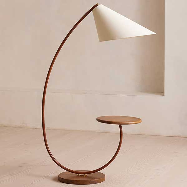 Winona Floor Lamp - modern sculptural arched floor lamp with leather-wrapped arm with a turned solid oak base and a side table top