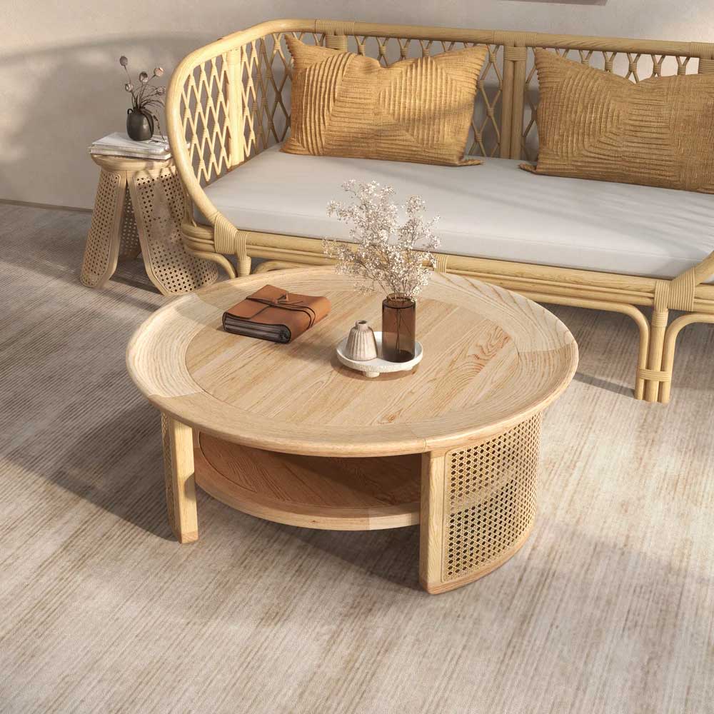 Modern wood coffee table with rattan base