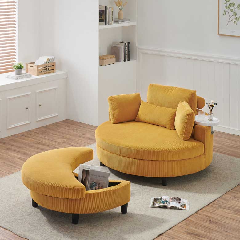 Yellow oversized corduroy chair with two throw pillows and one lumbar pillow